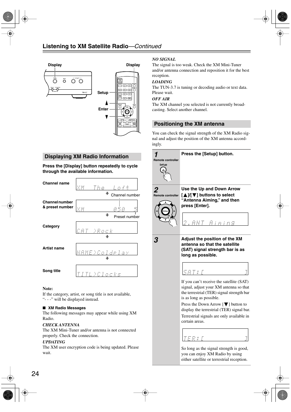 Displaying xm radio information, Positioning the xm antenna, Utton (24 | Listening to xm satellite radio —continued | Integra TUN-3.7 User Manual | Page 24 / 32