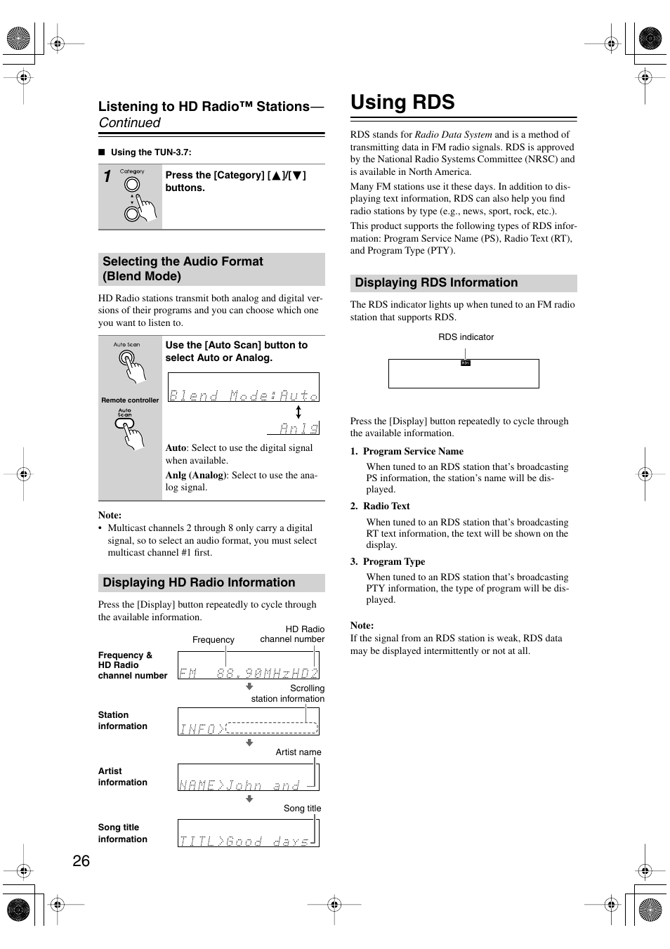 Selecting the audio format (blend mode), Displaying hd radio information, Using rds | Displaying rds information, Utton (26, Listening to hd radio™ stations — continued | Integra TUN-3.7 User Manual | Page 26 / 32