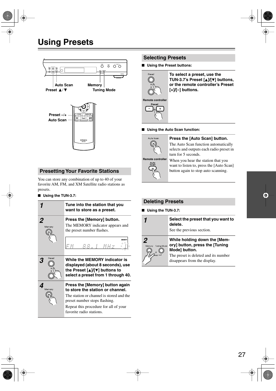 Using presets, Presetting your favorite stations, Selecting presets | Deleting presets, Uttons (27), Utton (27) | Integra TUN-3.7 User Manual | Page 27 / 32