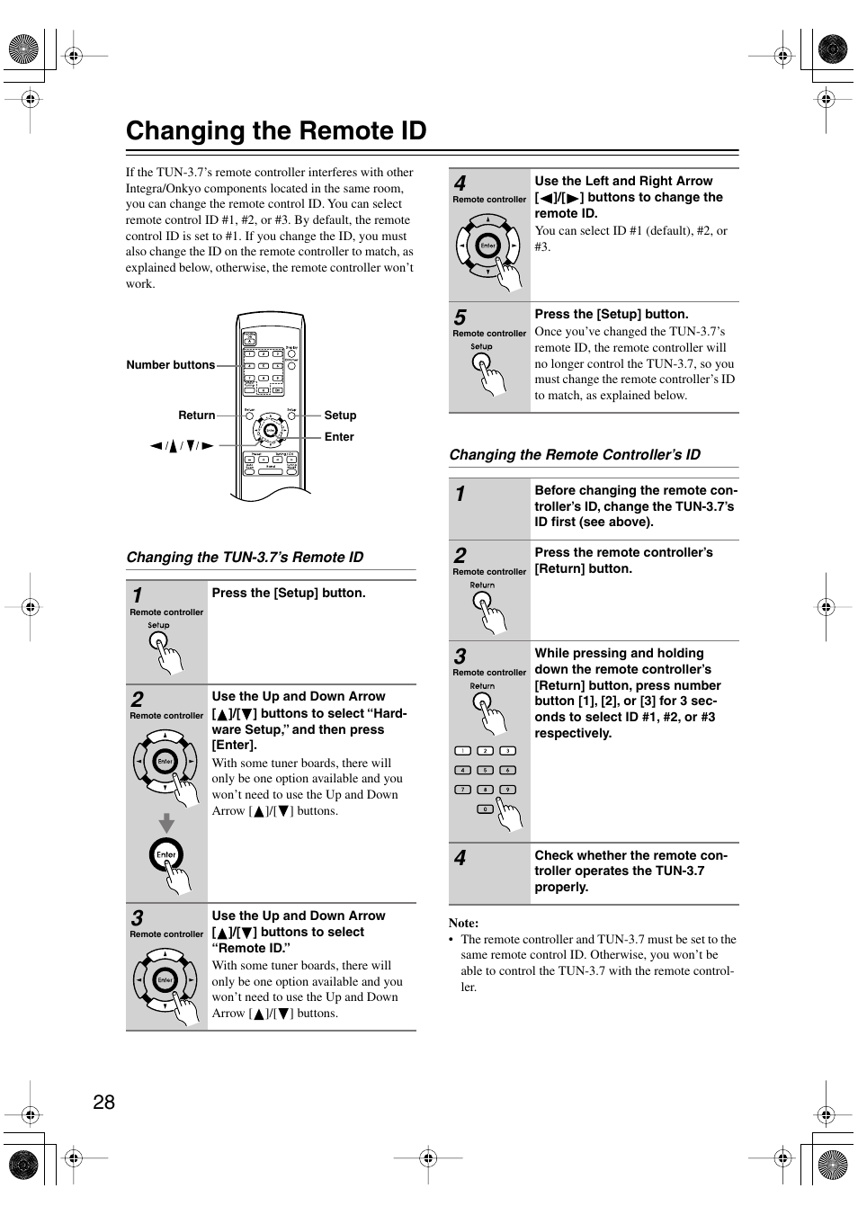 Changing the remote id, Utton (28) | Integra TUN-3.7 User Manual | Page 28 / 32