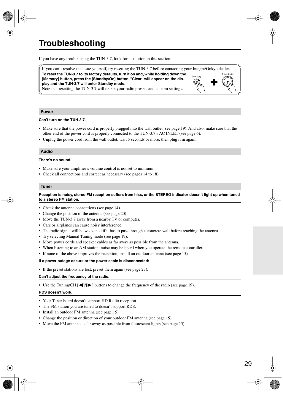 Troubleshooting | Integra TUN-3.7 User Manual | Page 29 / 32