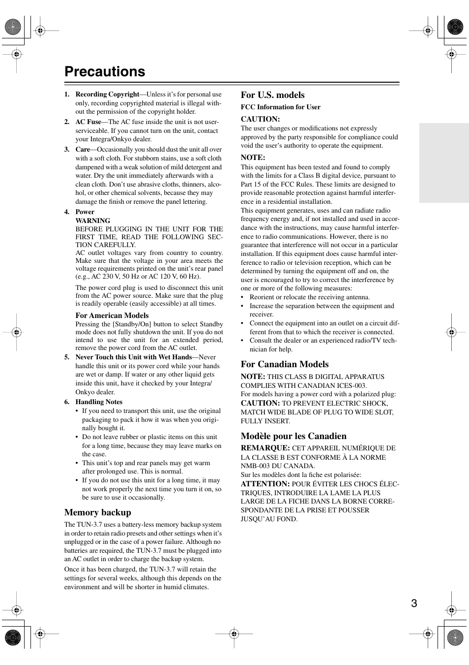 Precautions, For u.s. models, For canadian models | Modèle pour les canadien | Integra TUN-3.7 User Manual | Page 3 / 32