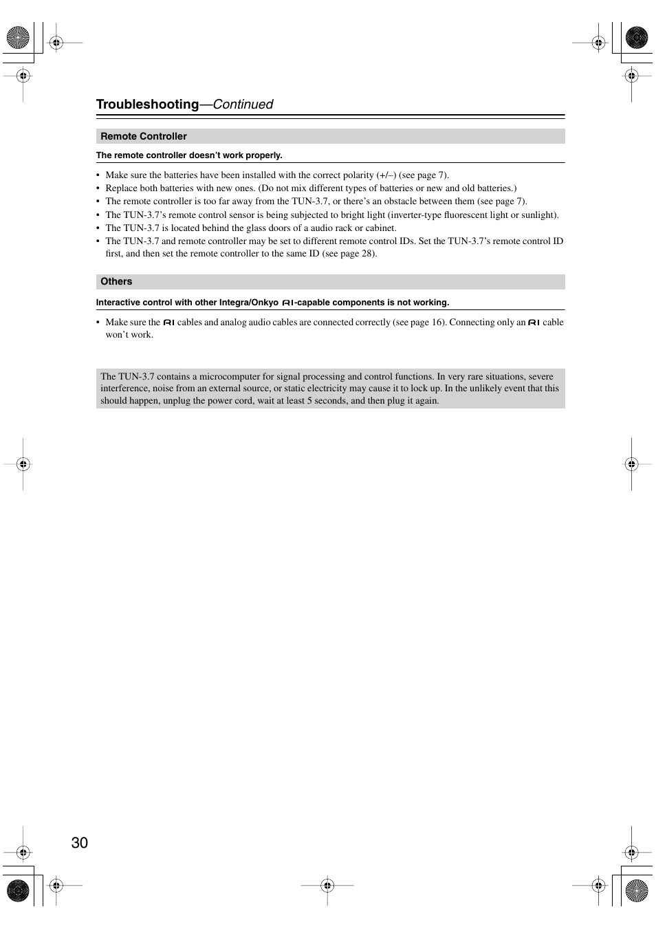 Troubleshooting —continued | Integra TUN-3.7 User Manual | Page 30 / 32