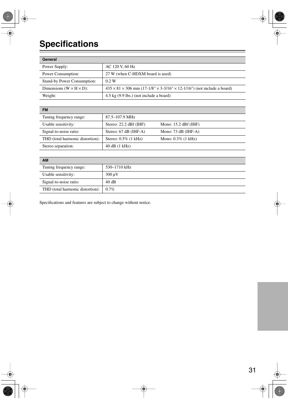 Specifications | Integra TUN-3.7 User Manual | Page 31 / 32