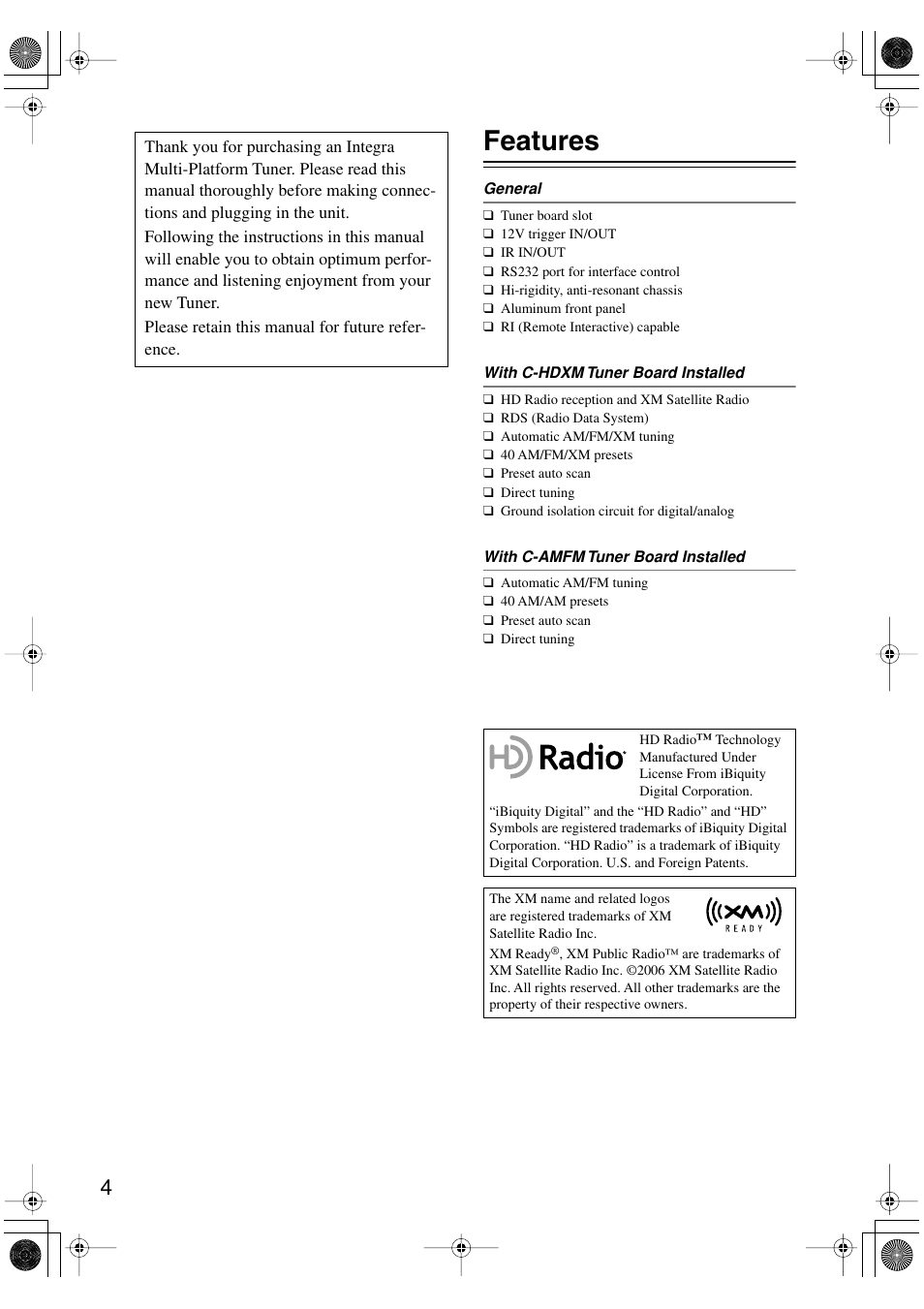 Features | Integra TUN-3.7 User Manual | Page 4 / 32