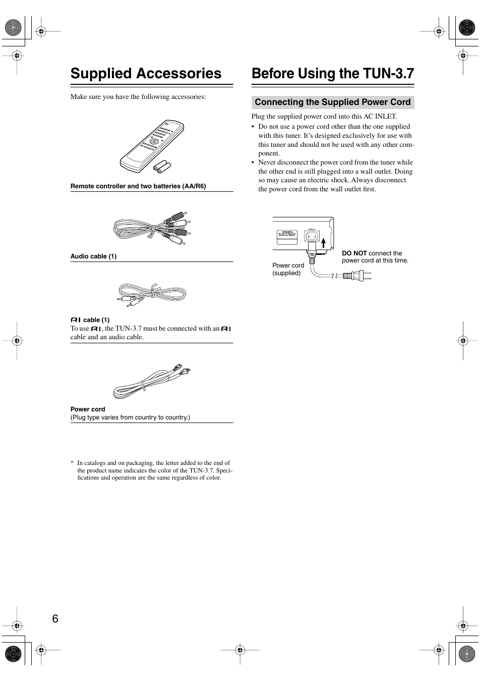 Supplied accessories, Before using the tun3.7, Connecting the supplied power cord | Supplied accessories before using the tun-3.7, Before using the tun-3.7 | Integra TUN-3.7 User Manual | Page 6 / 32