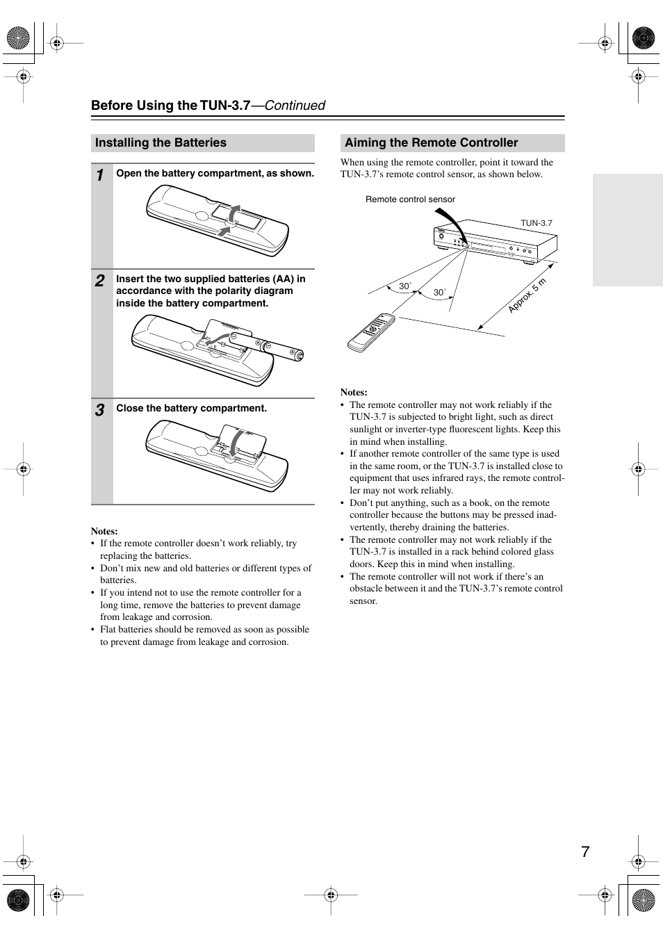 Installing the batteries, Aiming the remote controller | Integra TUN-3.7 User Manual | Page 7 / 32