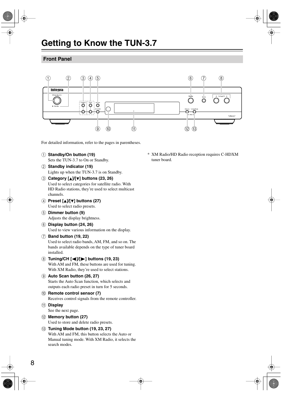 Getting to know the tun3.7, Front panel, Getting to know the tun-3.7 | Integra TUN-3.7 User Manual | Page 8 / 32