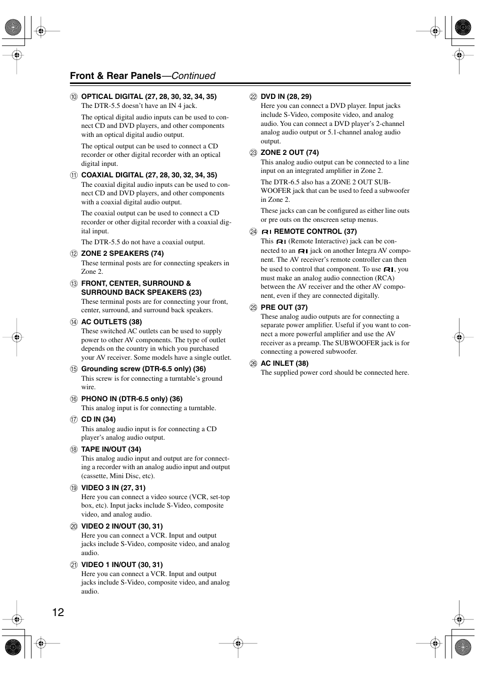 Front & rear panels —continued | Integra DTR-5.5 User Manual | Page 12 / 96
