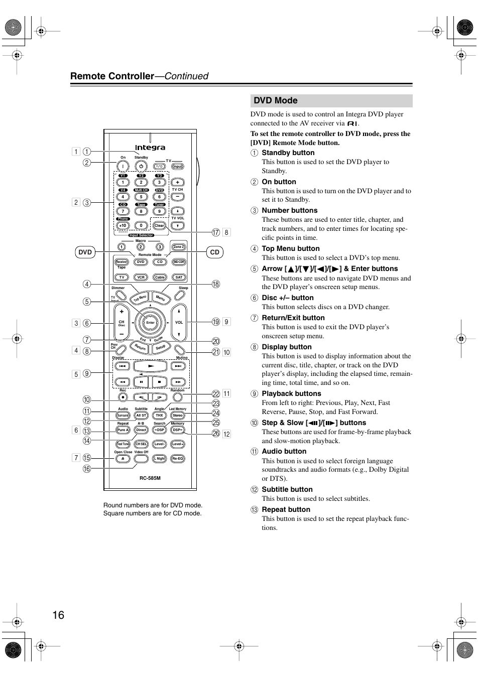 Remote controller —continued, Dvd mode | Integra DTR-5.5 User Manual | Page 16 / 96