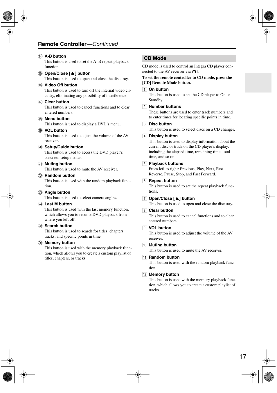 Remote controller —continued | Integra DTR-5.5 User Manual | Page 17 / 96