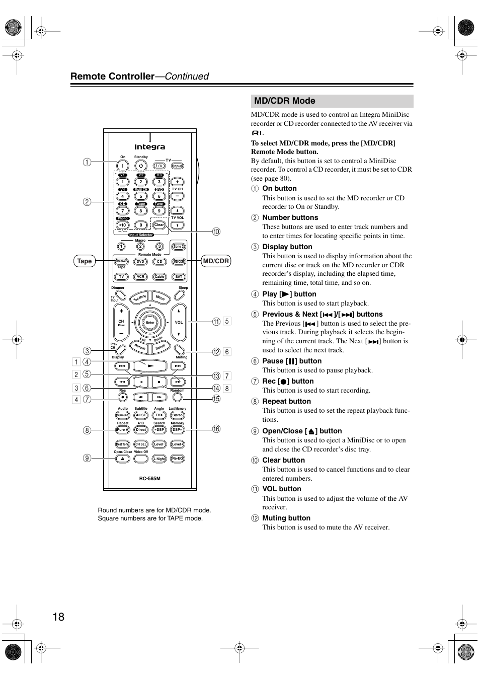 Remote controller —continued, 6m 4 5 n, Md/cdr mode | Integra DTR-5.5 User Manual | Page 18 / 96