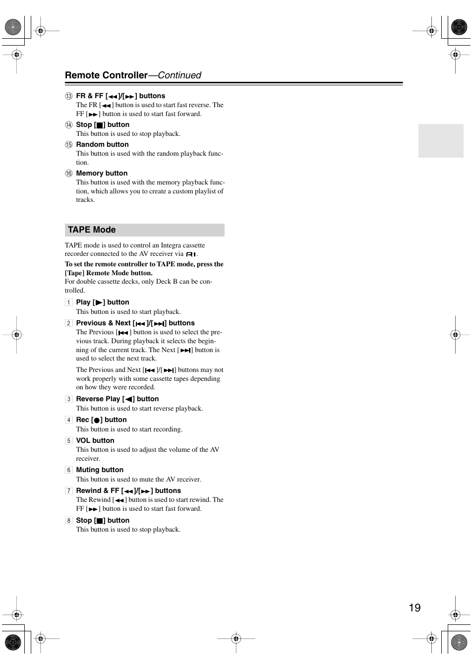 Remote controller —continued | Integra DTR-5.5 User Manual | Page 19 / 96