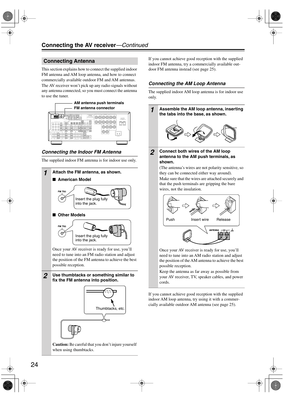 Connecting the av receiver —continued, Connecting antenna, Connecting the indoor fm antenna | Connecting the am loop antenna | Integra DTR-5.5 User Manual | Page 24 / 96