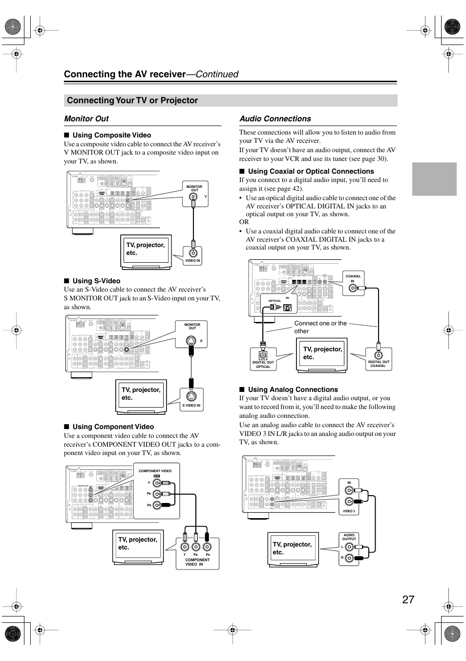 Connecting the av receiver —continued, Connecting your tv or projector, Monitor out | Audio connections, Rin out in in in out, Remote control zone 2 out, In1 in2 in3 in 4 out | Integra DTR-5.5 User Manual | Page 27 / 96