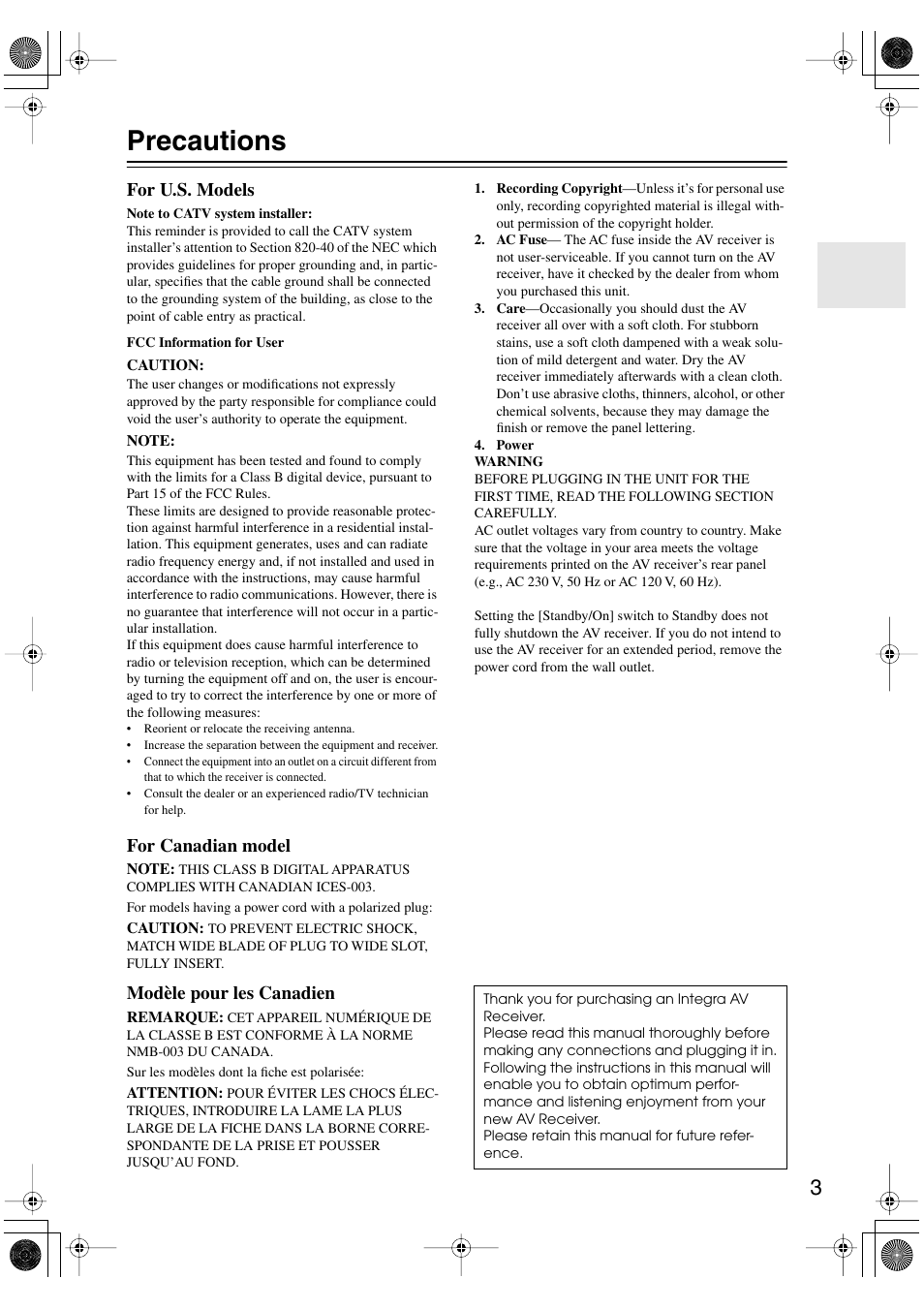 Precautions, For u.s. models, For canadian model | Modèle pour les canadien | Integra DTR-5.5 User Manual | Page 3 / 96