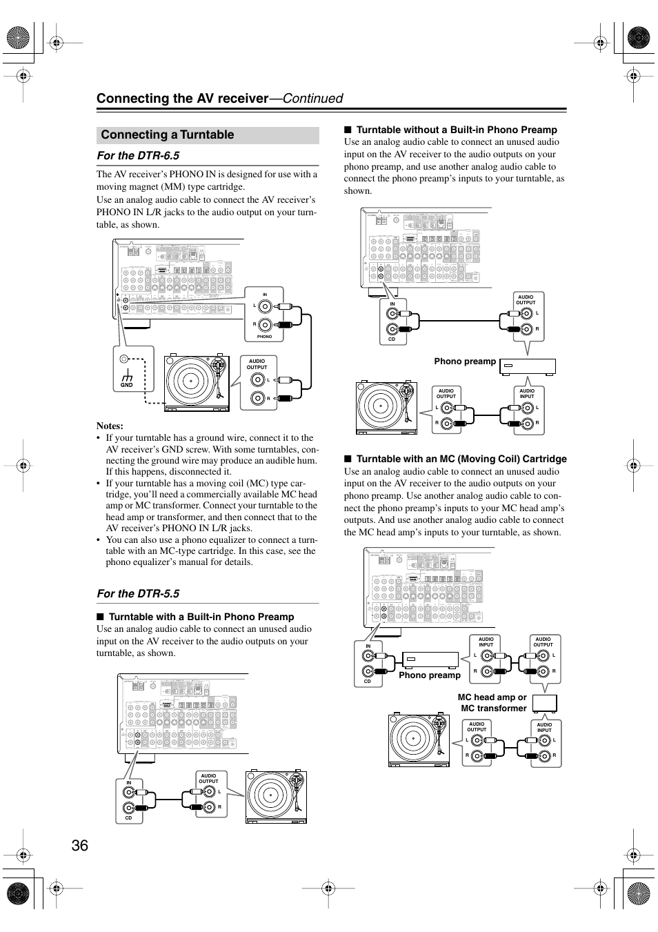 Connecting the av receiver —continued, Connecting a turntable, For the dtr-6.5 | For the dtr-5.5, Rin out in in in out, Remote control zone 2 out, In1 in2 in3 in 4 out | Integra DTR-5.5 User Manual | Page 36 / 96