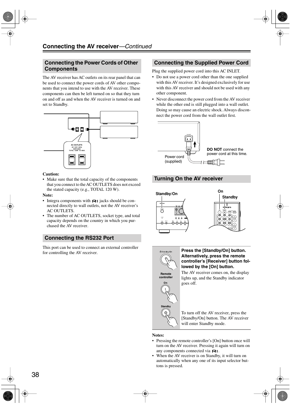 Connecting the av receiver —continued, Standby zone 2 | Integra DTR-5.5 User Manual | Page 38 / 96