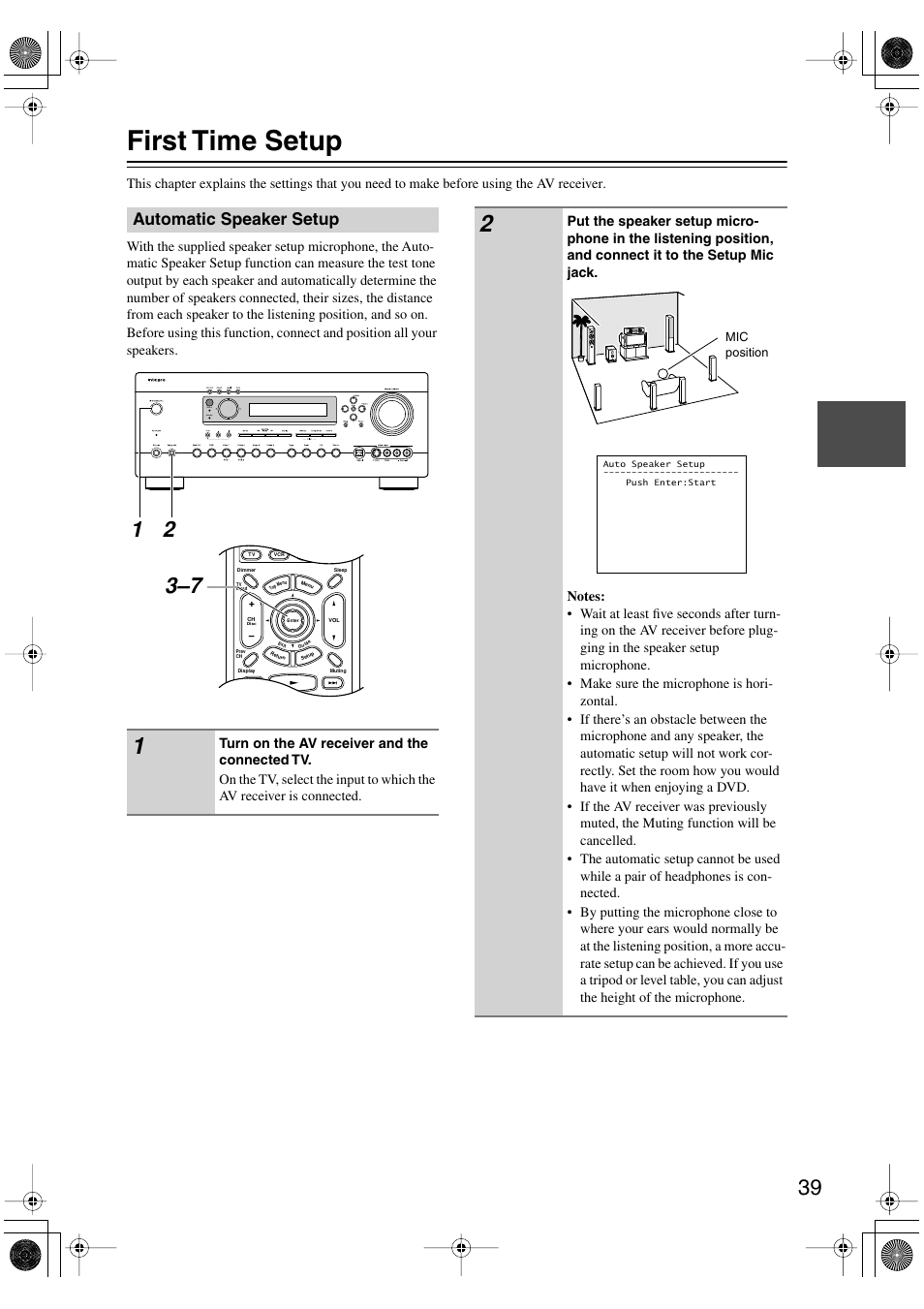 First time setup, Automatic speaker setup, Standby zone 2 | Integra DTR-5.5 User Manual | Page 39 / 96