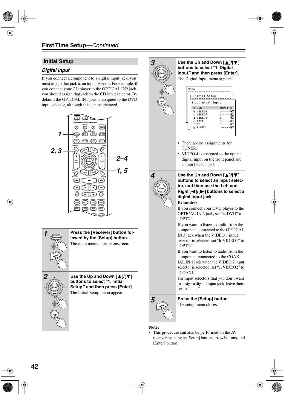 First time setup —continued, Initial setup, Digital input | Press the [setup] button. the setup menu closes | Integra DTR-5.5 User Manual | Page 42 / 96