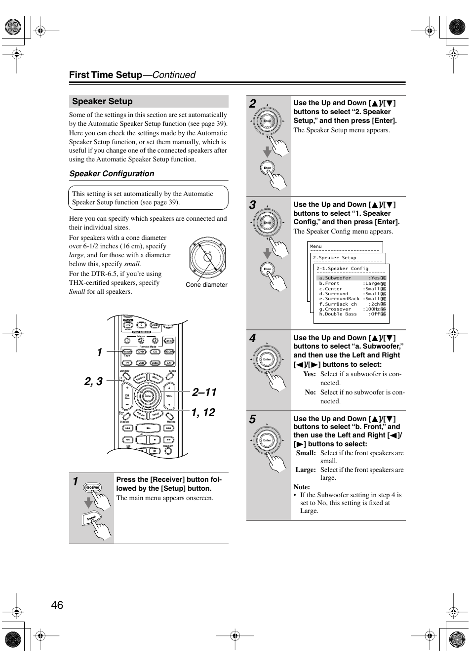 First time setup —continued, Speaker setup, Speaker configuration | Integra DTR-5.5 User Manual | Page 46 / 96