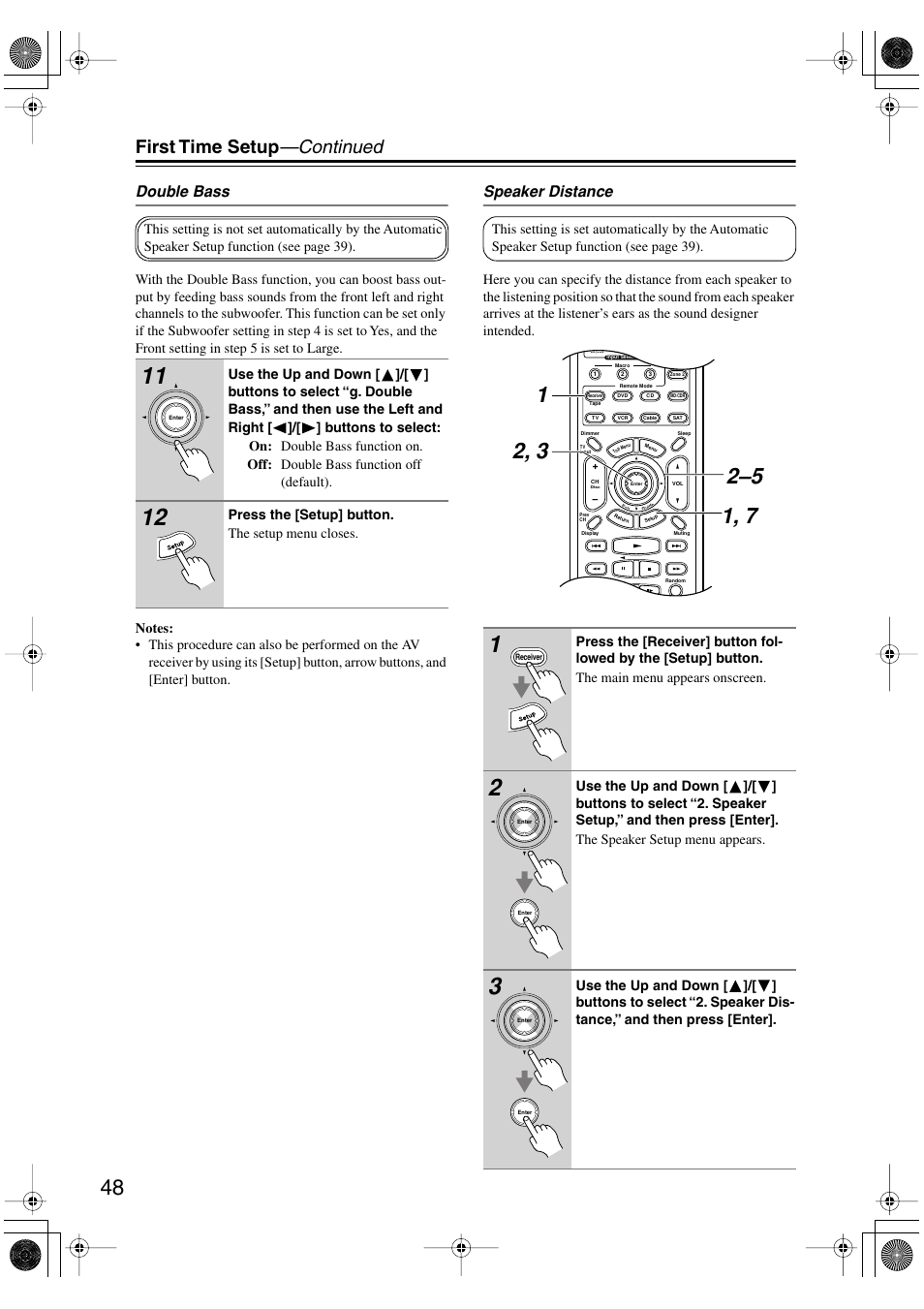 First time setup —continued, Double bass, Speaker distance | Integra DTR-5.5 User Manual | Page 48 / 96