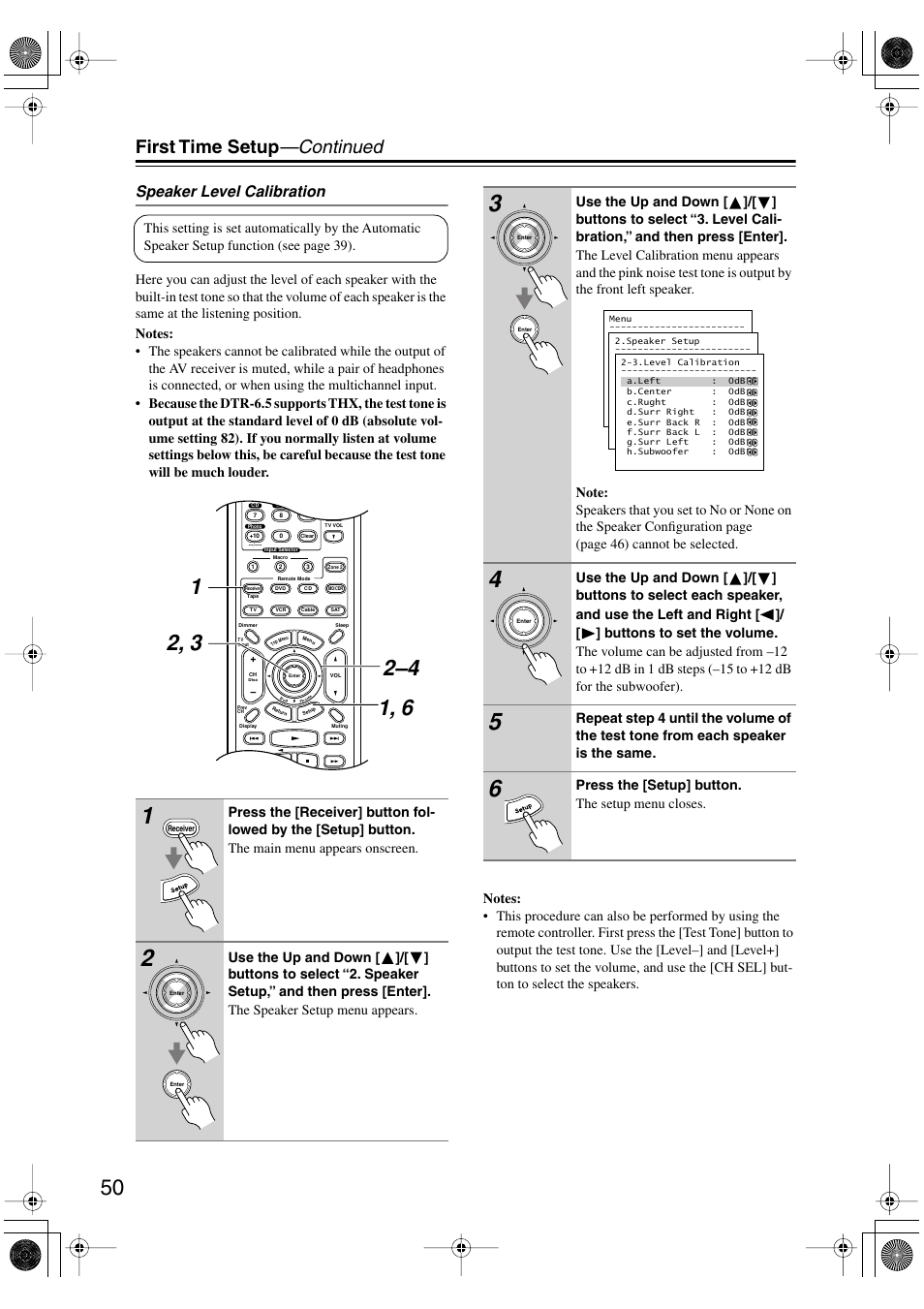 First time setup —continued, Speaker level calibration | Integra DTR-5.5 User Manual | Page 50 / 96