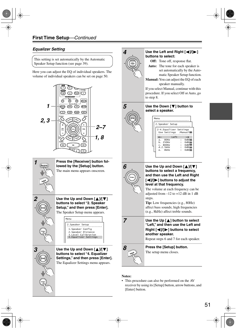 First time setup —continued, Equalizer setting | Integra DTR-5.5 User Manual | Page 51 / 96