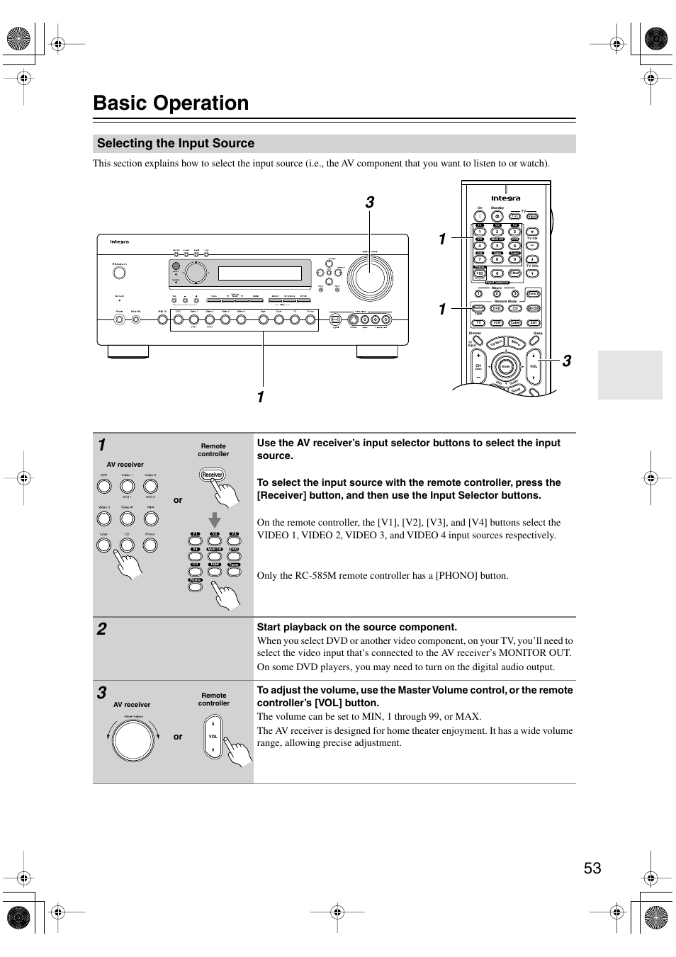 Basic operation, Selecting the input source | Integra DTR-5.5 User Manual | Page 53 / 96