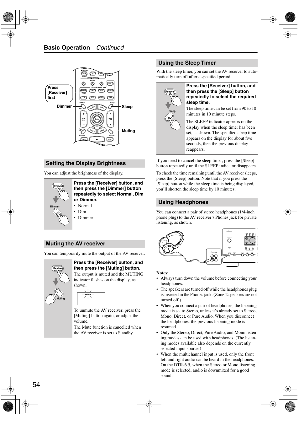 Basic operation —continued, Setting the display brightness, Muting the av receiver | Using the sleep timer, Using headphones, Standby zone 2 | Integra DTR-5.5 User Manual | Page 54 / 96