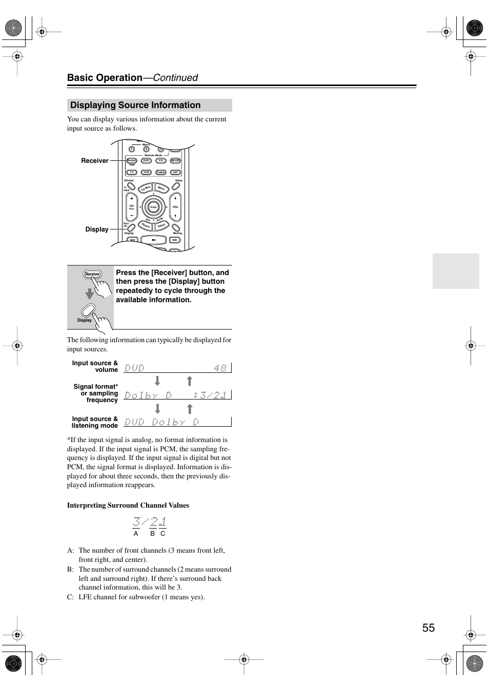 Basic operation —continued, Displaying source information | Integra DTR-5.5 User Manual | Page 55 / 96