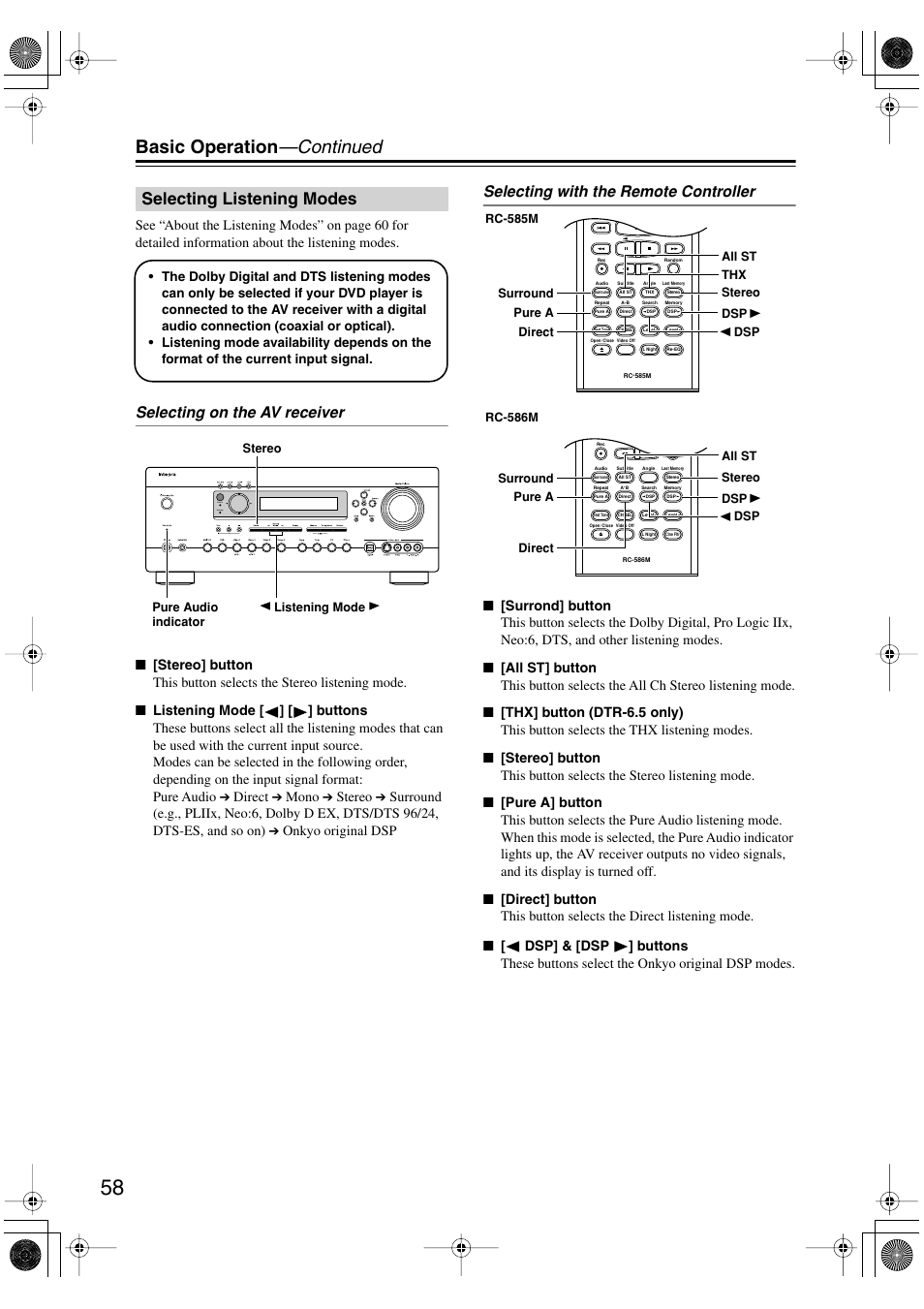 Basic operation —continued, Selecting listening modes, Selecting on the av receiver | Selecting with the remote controller | Integra DTR-5.5 User Manual | Page 58 / 96