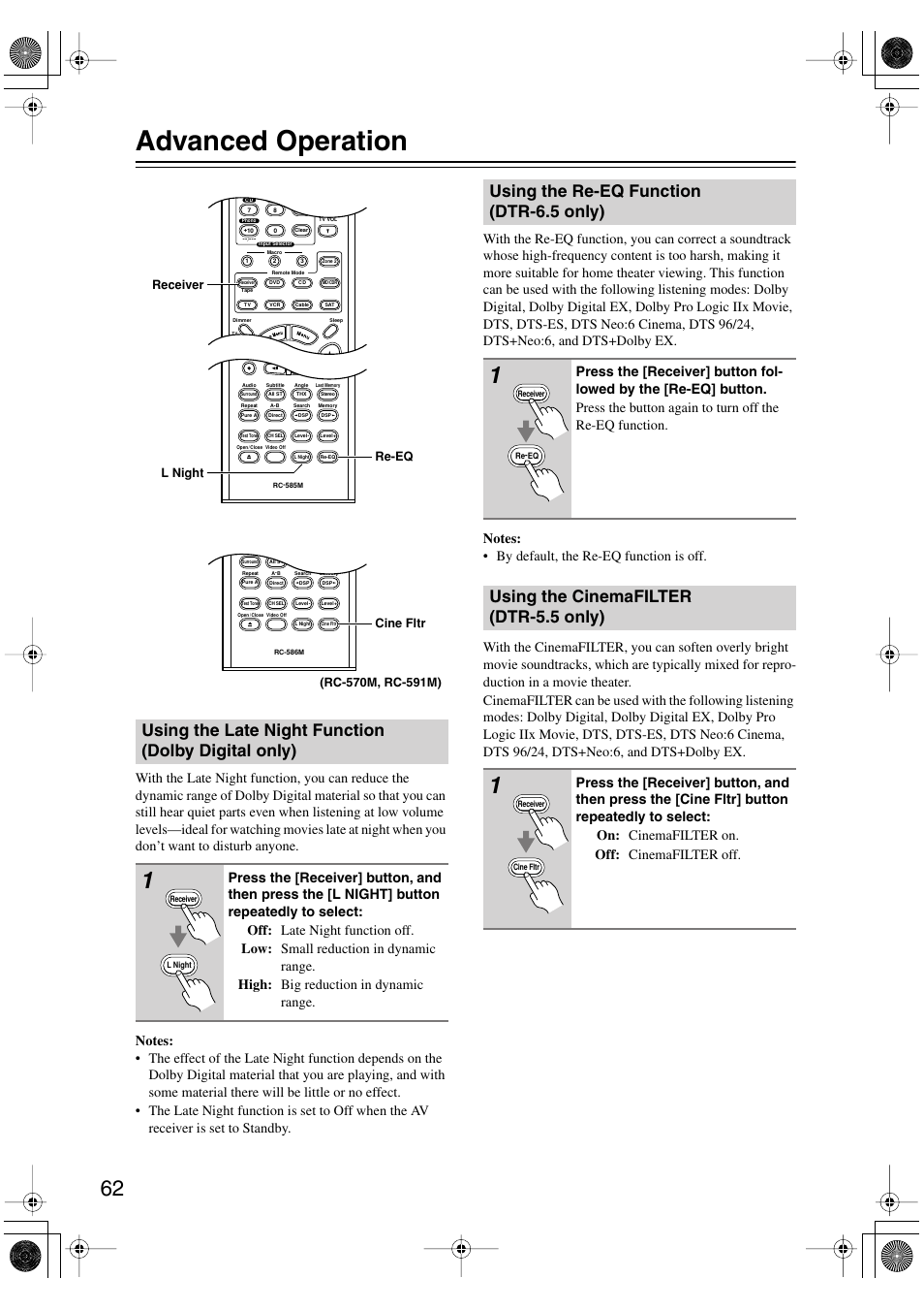 Advanced operation, Using the late night function (dolby digital only), Using the re-eq function (dtr-6.5 only) | Using the cinemafilter (dtr-5.5 only) | Integra DTR-5.5 User Manual | Page 62 / 96