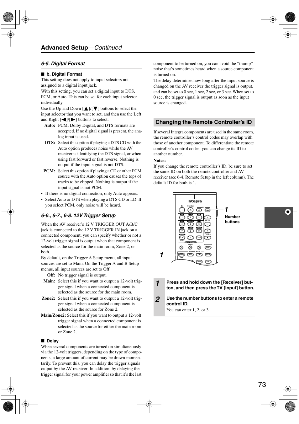 Advanced setup —continued, Changing the remote controller’s id, 5. digital format | Integra DTR-5.5 User Manual | Page 73 / 96