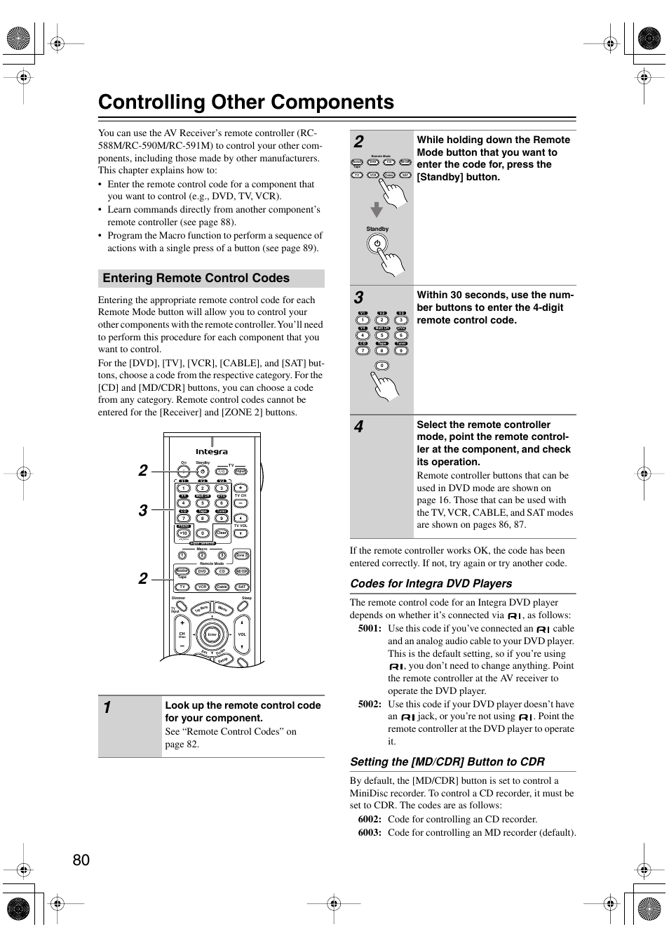 Controlling other components, Entering remote control codes, Codes for integra dvd players | Setting the [md/cdr] button to cdr | Integra DTR-5.5 User Manual | Page 80 / 96