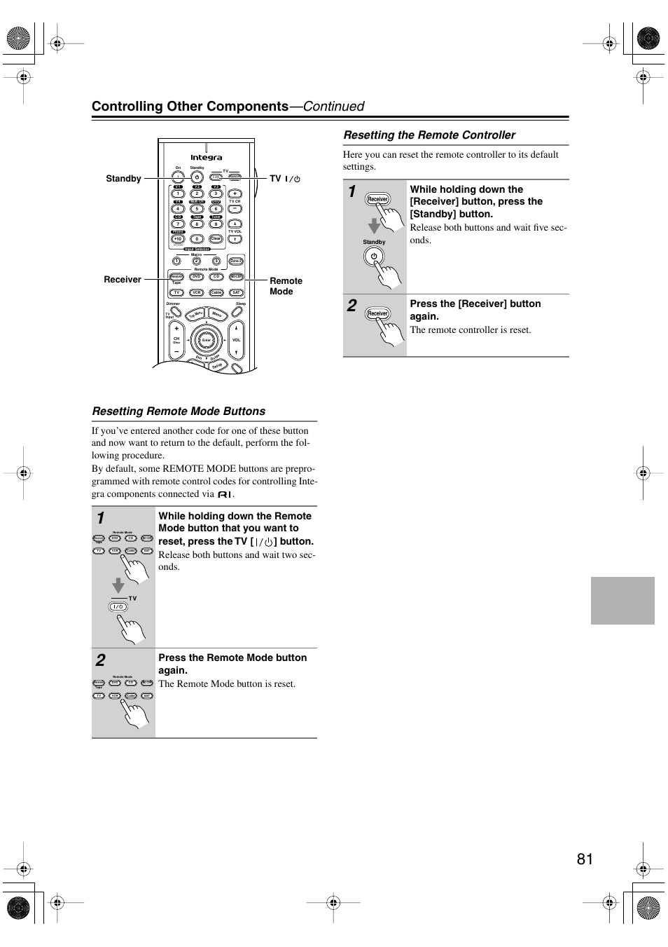 Controlling other components —continued, Resetting remote mode buttons, Resetting the remote controller | Integra DTR-5.5 User Manual | Page 81 / 96