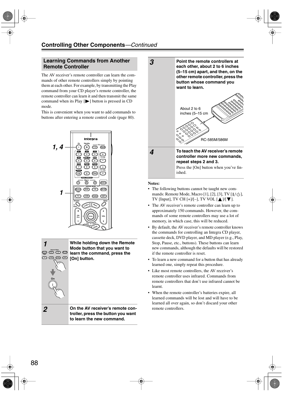 Controlling other components —continued, Learning commands from another remote controller | Integra DTR-5.5 User Manual | Page 88 / 96