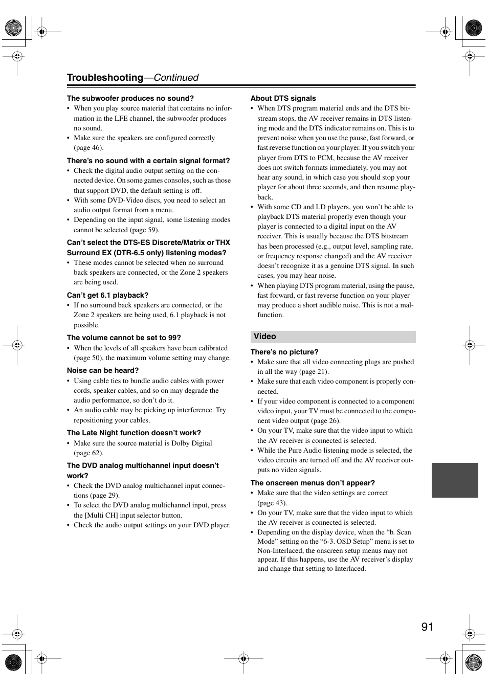 Troubleshooting —continued | Integra DTR-5.5 User Manual | Page 91 / 96