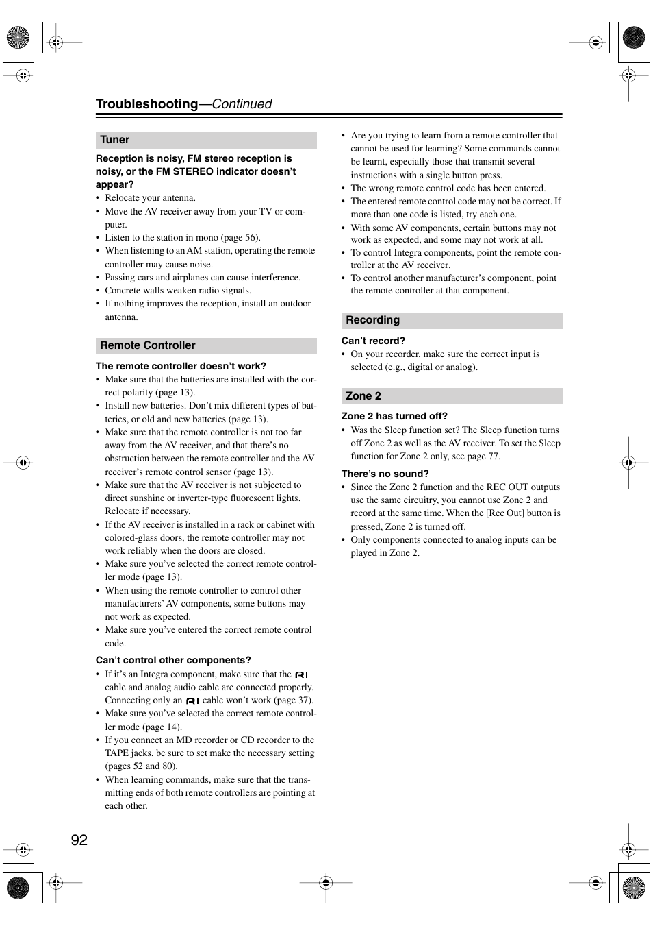 Troubleshooting —continued | Integra DTR-5.5 User Manual | Page 92 / 96