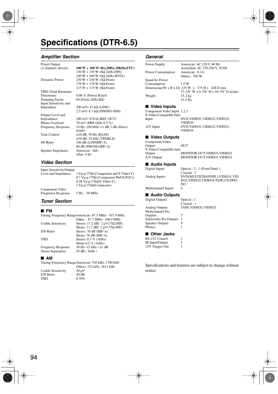 Specifications (dtr-6.5), General | Integra DTR-5.5 User Manual | Page 94 / 96