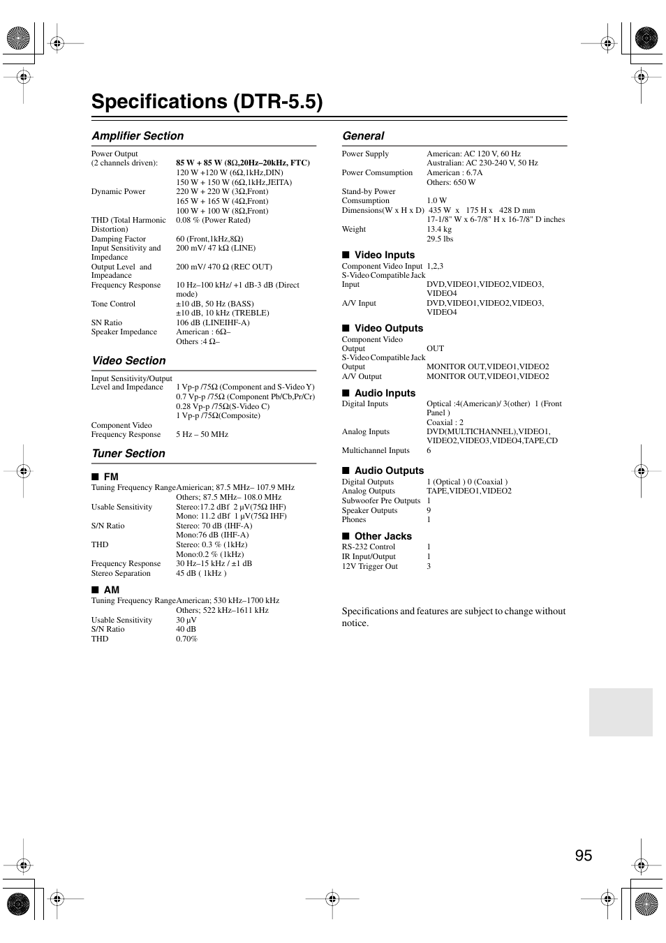 Specifications (dtr-5.5) | Integra DTR-5.5 User Manual | Page 95 / 96