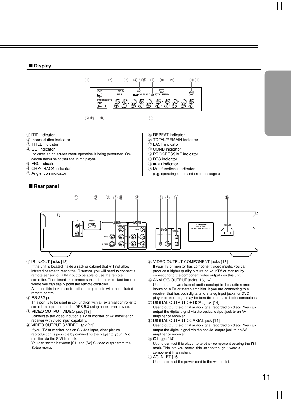Rear panel ■ display | Integra DPS-5.3 User Manual | Page 11 / 60