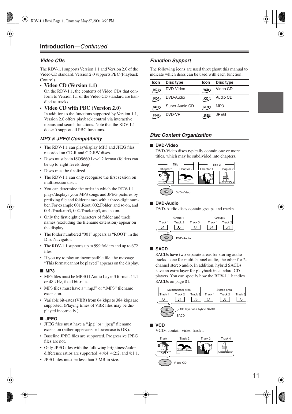 Introduction —continued, Video cd (version 1.1), Video cd with pbc (version 2.0) | Integra RDV-1.1 User Manual | Page 11 / 100