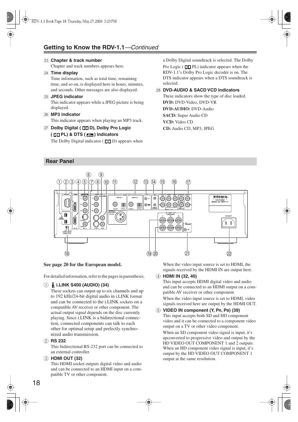 Getting to know the rdv-1.1 —continued, Rear panel, See page 20 for the european model | And can be connected to the i.link, On a | Integra RDV-1.1 User Manual | Page 18 / 100
