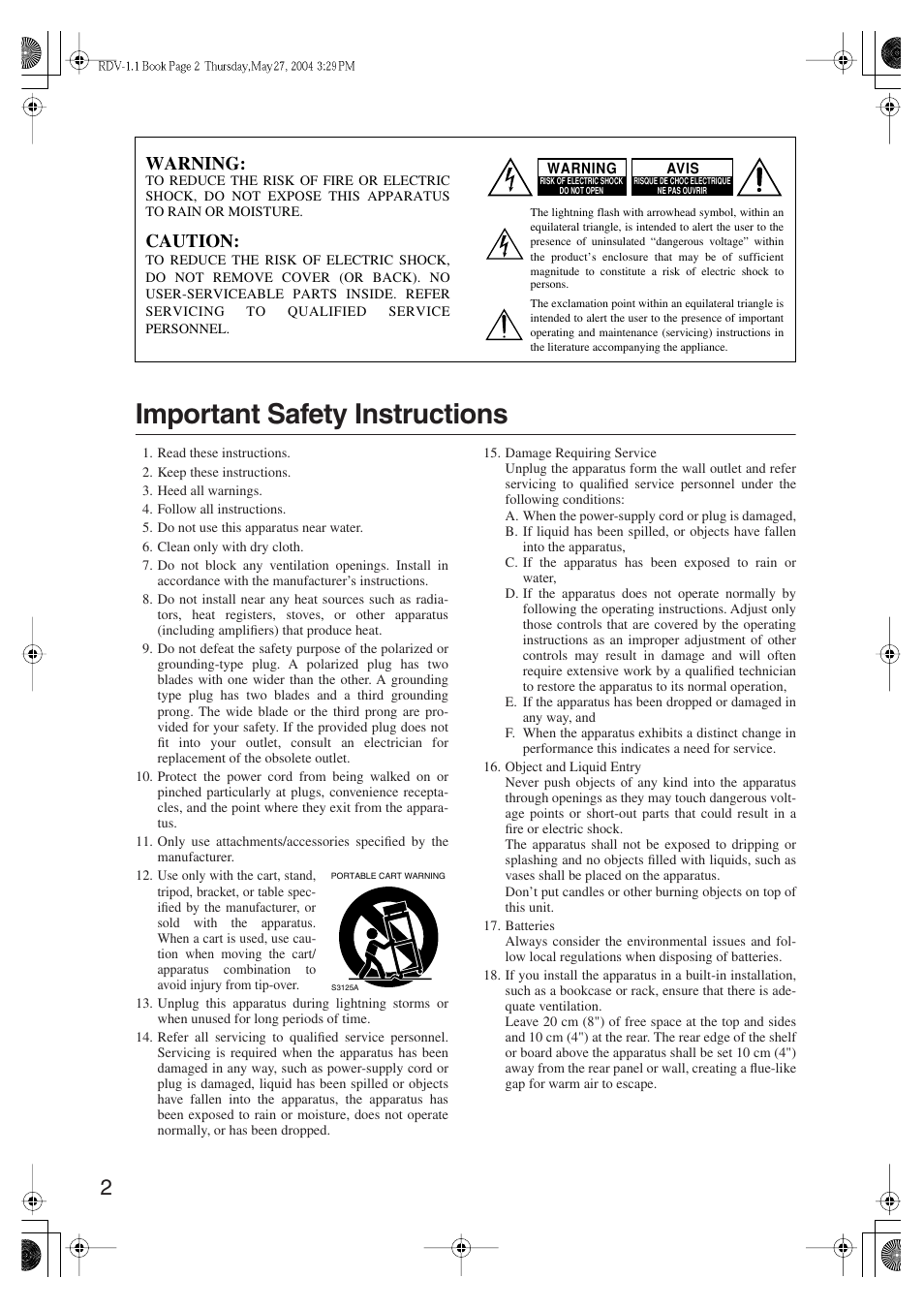 Important safety instructions, Warning, Caution | Integra RDV-1.1 User Manual | Page 2 / 100