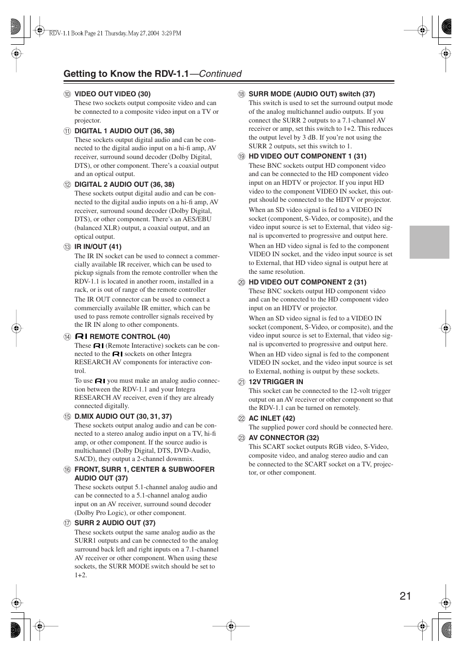 Getting to know the rdv-1.1 —continued | Integra RDV-1.1 User Manual | Page 21 / 100