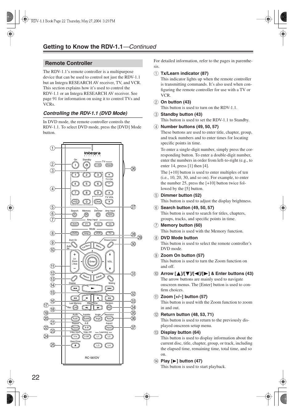 Getting to know the rdv-1.1 —continued, Remote controller, Controlling the rdv-1.1 (dvd mode) | Integra RDV-1.1 User Manual | Page 22 / 100