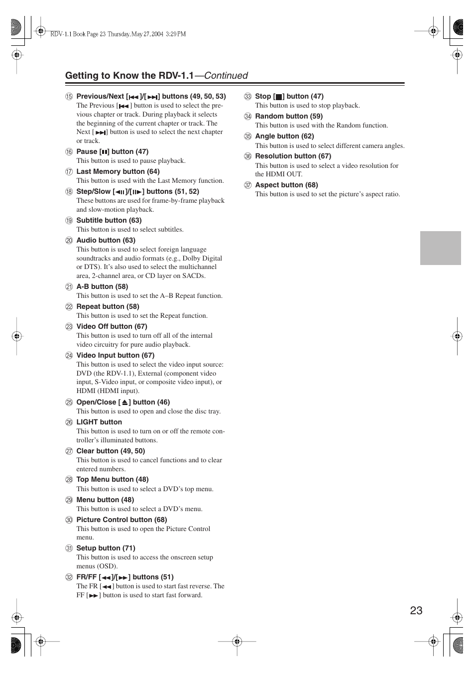 Getting to know the rdv-1.1 —continued | Integra RDV-1.1 User Manual | Page 23 / 100