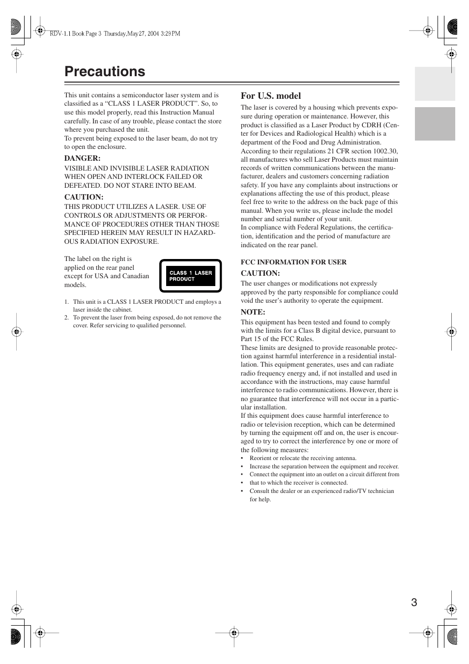 Precautions, For u.s. model | Integra RDV-1.1 User Manual | Page 3 / 100