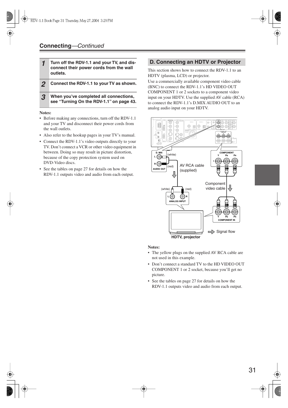 Connecting —continued, D. connecting an hdtv or projector, Connect the rdv-1.1 to your tv as shown | Hdtv, projector component video cable, Signal flow, Av rca cable (supplied) | Integra RDV-1.1 User Manual | Page 31 / 100